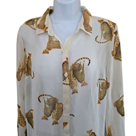 Sheer Cheetah Print Button-Down Long Sleeve Blouse animal print mob wife - Picture 3 of 7